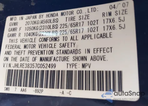 2007 Honda Cr-V Lx z USA, uszkodzony, nr VIN JHLRE38357C052499